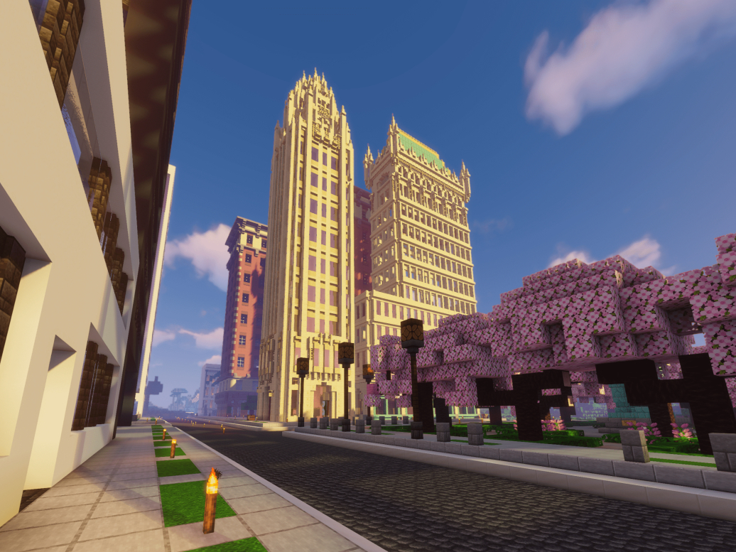 Minecraft screenshot depicting a few large buildings from streetview