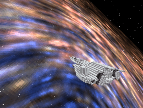 Minecraft screenshot depicting a white ship flying into a galaxy